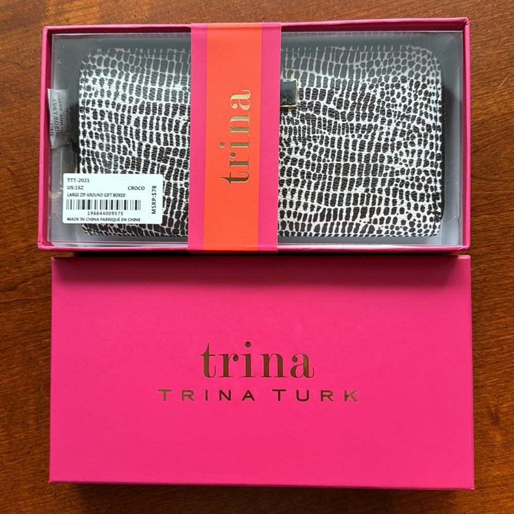 Trina Turk Croco Print Large Zip Around Vegan Leather Wallet Black & White